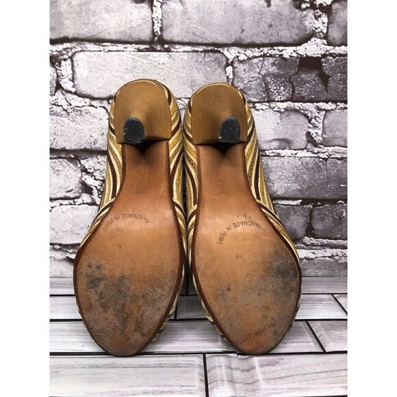 Marcello Toshi Gold Brown Stripe Fabric Peep Toe 5” High Heels Women Sz 6M US/37 - Picture 14 of 16